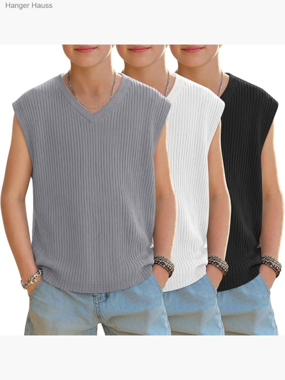 Kids' 3pk Ribbed V-Neck Tank Tops Loose Fit Sleeveless Undershirts